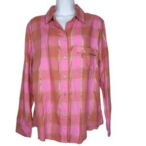 NWT Victoria's Secret Womens Pink & Gold Plaid Button-Up Pajama Shirt Medium